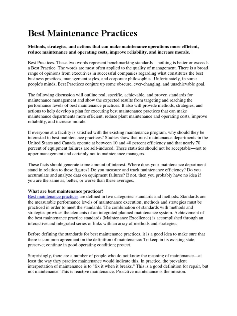 Best Maintenance Practices | PDF | Reliability Engineering | Inventory